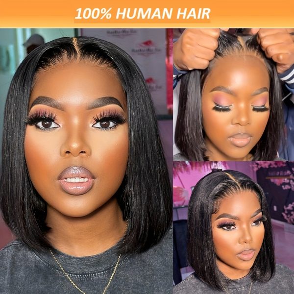 Glueless Human Hair Bob Wig: Ready to Wear, 4x4 HD Lace Closure, Straight Short Bob, Preplucked, Pre Cut, Lace Front Wig for Women, 150% Density, Suitable for Black Women