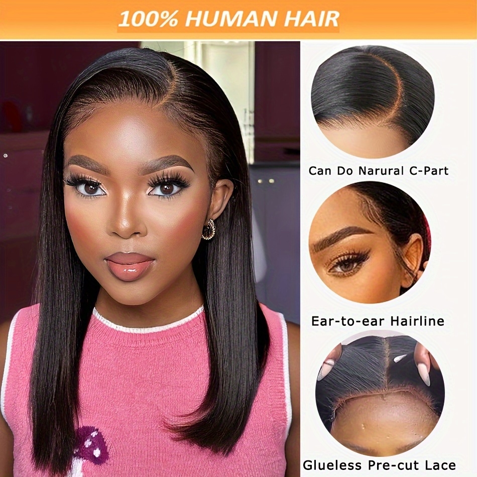 glueless 13x4 lace front wig straight short bob cut natural hairline with baby hairs hd transparent lace 150 density brazilian human hair for women parted or details 0