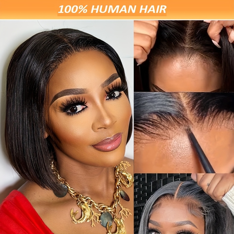 glueless 13x4 lace front wig straight short bob cut natural hairline with baby hairs hd transparent lace 150 density brazilian human hair for women parted or details 1