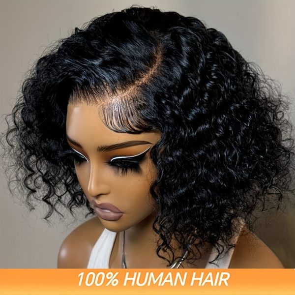 Chic Short Curly Side Part Lace Front Wig - 100% Brazilian Human Hair, Water Wave Style for Women, 200% Density, 13x4 T-Part