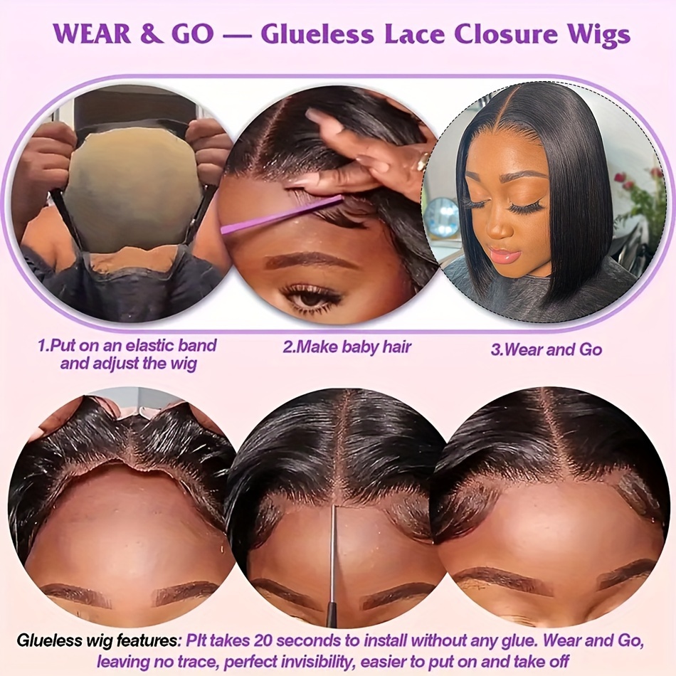womens glueless bob wig 13x4 hd lace frontal 180 density straight human hair pre cut 8 14 inch details 6