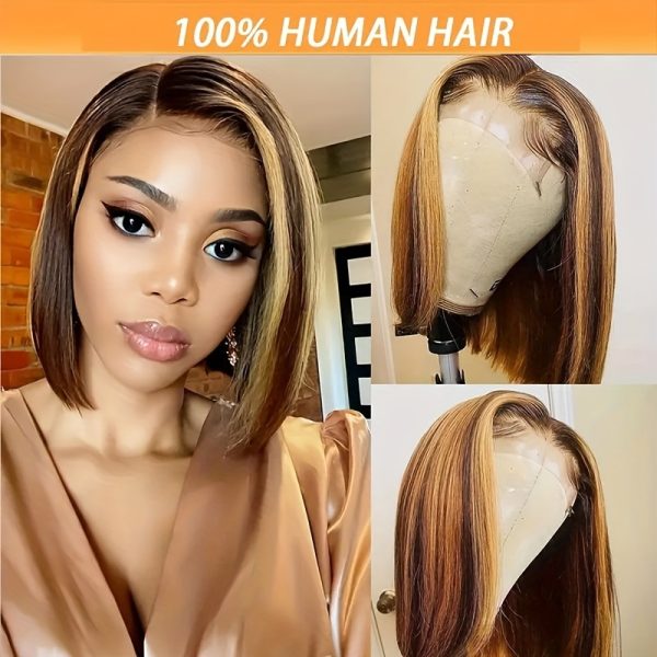 Women's Basic Straight Bob Lace Front Wig - 13x4 Pre-Plucked Transparent Lace with Baby Hair, Highlight Honey Blonde, 150% Density Human Hair Wig for African American Women