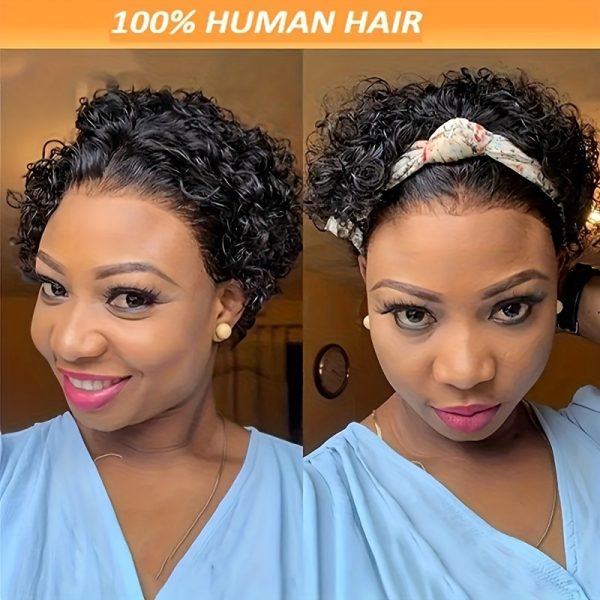 Women's Curly Wave Short Pixie Cut Wig - 150% Density Human Hair, Lace Front 13x1, Natural Black, Glueless, Water Wave, Basic Style, Suitable for African Women