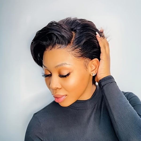 Chic Pixie Cut Human Hair Wig for Women - 15.24 cm Short Bob with T-Part Lace Frontal, 180% Density, Glueless Side Part & Bangs, Straight Style, 13x4x1 Lace Area - Perfect for African American Women