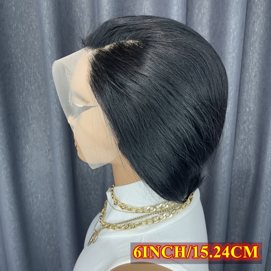 chic cut human hair wig for women 6 inch short bob with t part lace frontal 180 density glueless side part bangs straight style 13x4x1 lace area african american women details 4