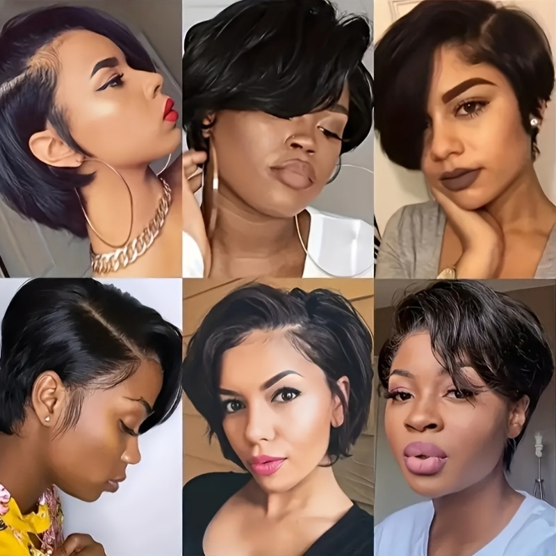 chic cut human hair wig for women 6 inch short bob with t part lace frontal 180 density glueless side part bangs straight style 13x4x1 lace area african american women details 0