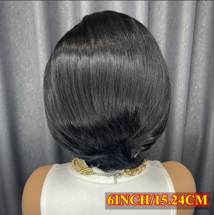 chic cut human hair wig for women 6 inch short bob with t part lace frontal 180 density glueless side part bangs straight style 13x4x1 lace area african american women details 5
