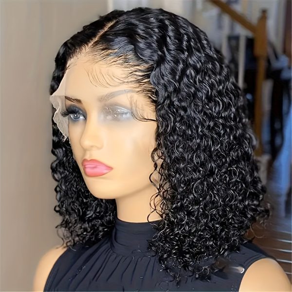 Glueless Human Hair 150% Density Water Wave Lace Frontal Short Bob Wig - Lace Wigs for Women with 13X4 HD Transparent Lace, Pre Plucked, Natural Color, Middle Part, Water Curly Lace Part