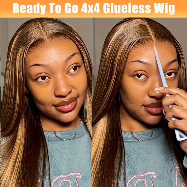 Easy Wear Glueless Honey Blonde Ombre Human Hair Wig - 4x4 HD Lace Front, Straight, 180% Density,, Highlight Wig, 13x4
