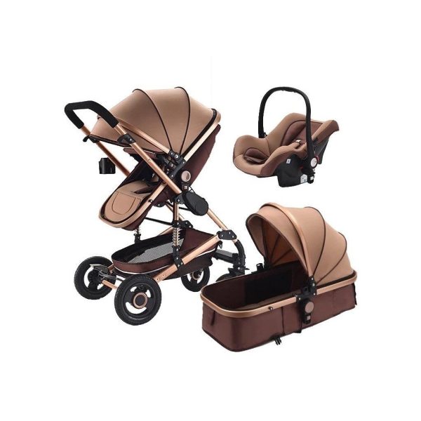 Baby Pram Stroller 3 in 1 Function Foldable with Car Seat - Khaki