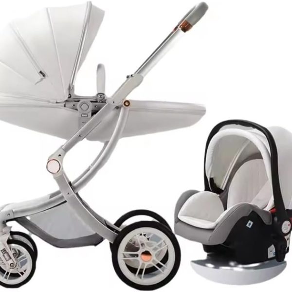 Baby Stroller Egg Shell 360 Degree 3-1 Baby Pram PU Leather-White