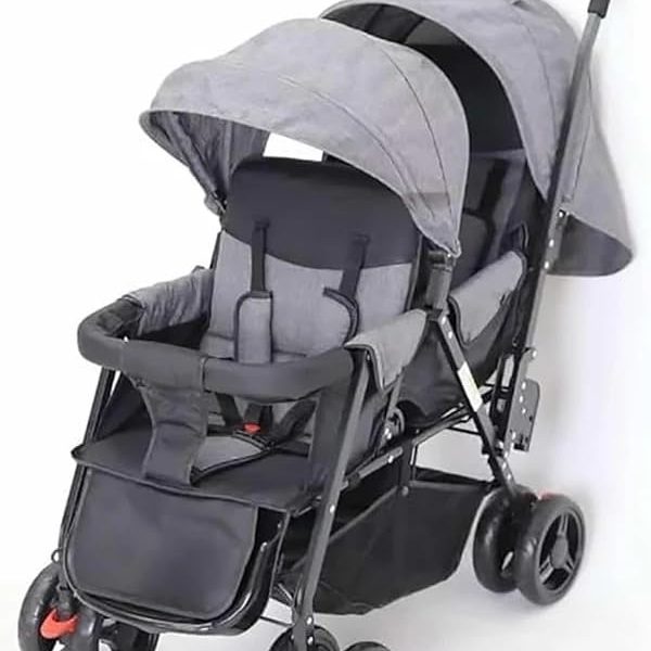 Double Tandem Foldable Baby Stroller Pram - Gray