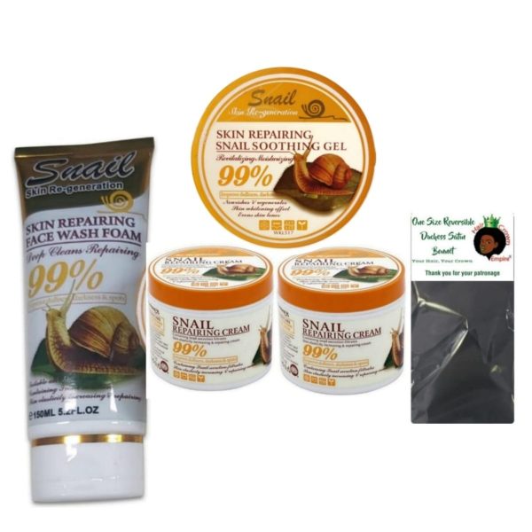 Lilhe Snail Skin Repairing Face Wash, Cream, Soothing Gel and a Bonnet