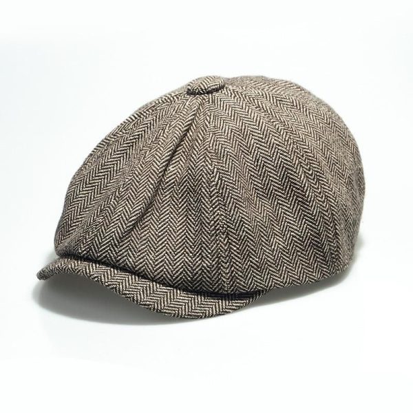 Herringbone Vintage Eight-Panel Newsboy Cap - Brown