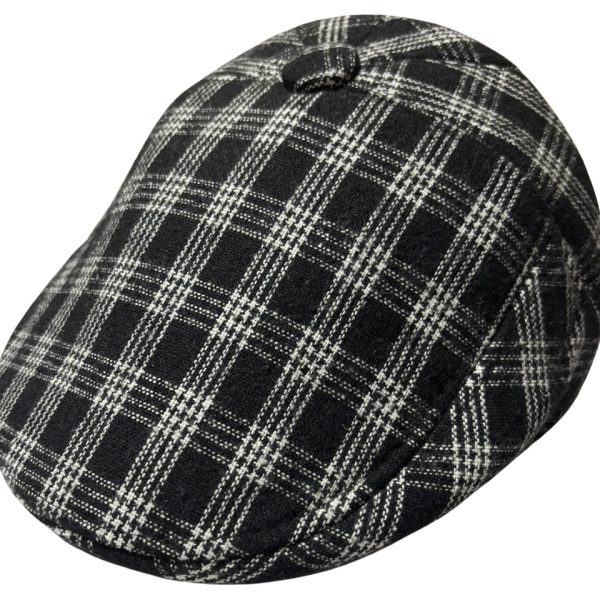 Beret Plaid Flat Cap Vintage Newsboy Hat - Buttoned - Black