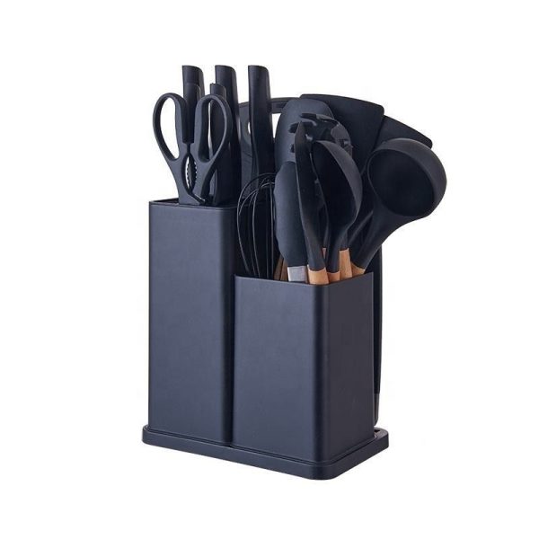 Silicone Kitchenware Kit 19 Pieces Knife & Spoon Set With Storage Rack - Black