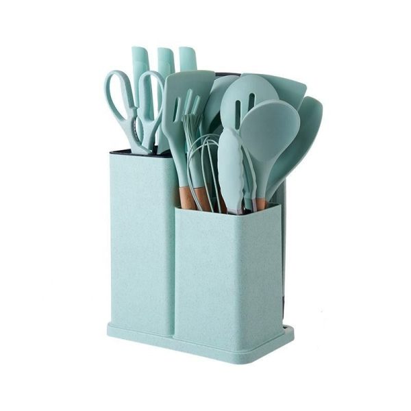Silicone Kitchenware Kit 19 Pieces Knife & Spoon Set With Storage Rack - Light Green