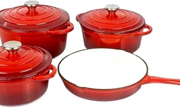 7 Piece Cast Iron Dutch Oven Cookware Pot & Stout Pan Set Red