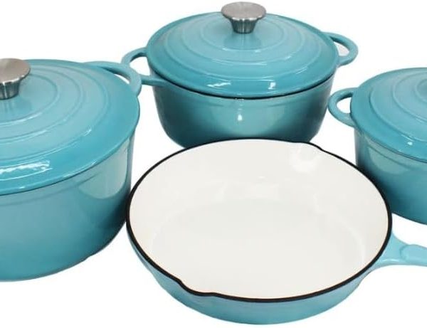 Sandha 7 Piece Authentic Cast Iron Dutch Oven Cookware Pot Set - Sky Blue