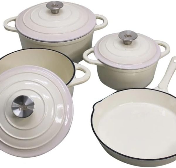 7 Piece Cast Iron Dutch Oven Cookware Pot & Stout Pan Set White