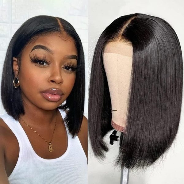 Straight Bob Wig Lace Front Human Hair(12inch) 4x4Transparent Lace Frontal Wigs for Black Women Brazilian Remy Human Hair Wigs Pre Plucked Hairline 150% Density Natural color