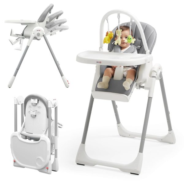 KÜB 3-in-1 Foldable Baby High Chair, 7 Height & 4 Recline Adjustable, Removable Seat & Tray for Easy Clean, 2 Locking Wheels, Multifunctional Infant Highchair for Babies & Toddlers (Grey, with Toys)