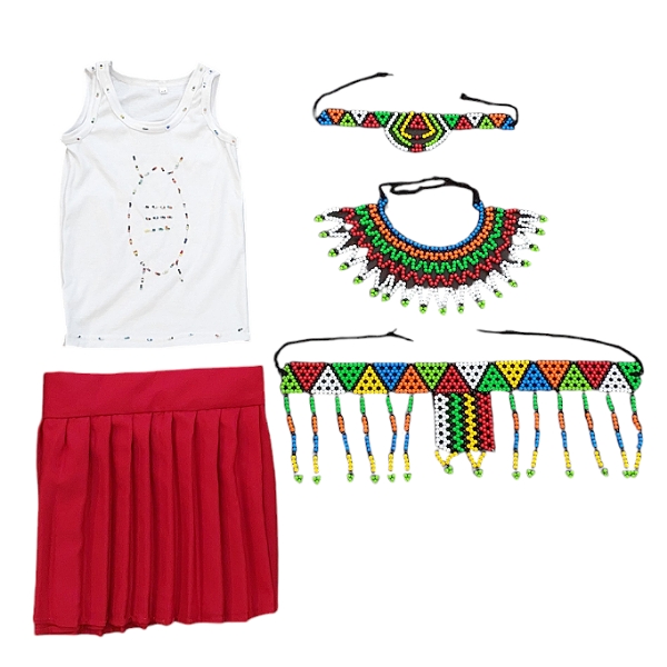 Girls African Traditional Combo Set - 5 Piece - Vest-Skirt-Beads