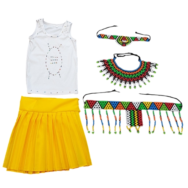 Girls African Traditional Combo Set - 5 Piece - Vest-Skirt-Beads