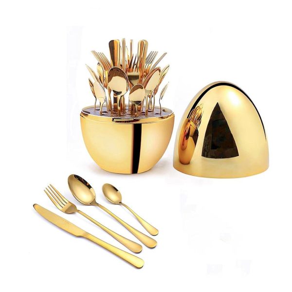 Cutlery Set with Egg Shaped Holder -24pcs - Gold