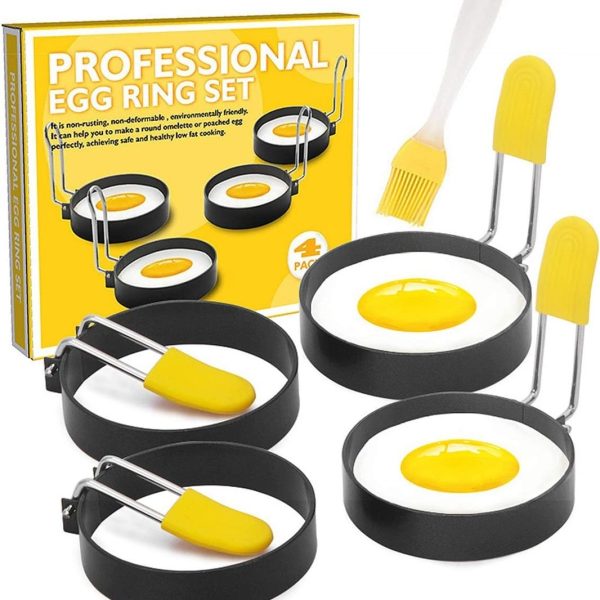 Non-Stick Stainless Steel Frying Egg Ring Pastry Mould with Brush- 4 Piece