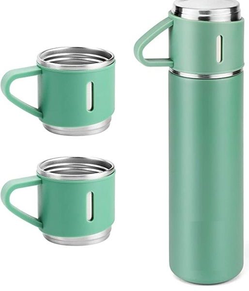 Stainless Steel Thermo Vacuum Insulated Flask Bottle with Cups-Green-500ml