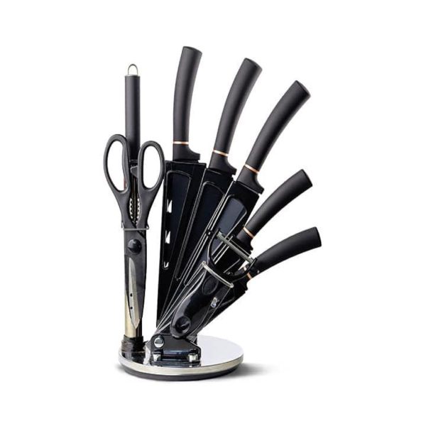 9 Piece Stainless Steel Kitchen Knife, Scissors & Acrylic Stand Set - Black