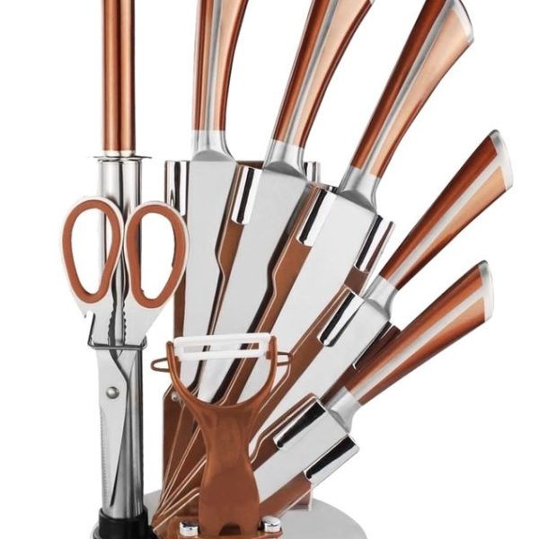 LMA - 9 Piece Stainless Steel Kitchen Knife, Scissors Set & Acrylic Stand - Copper