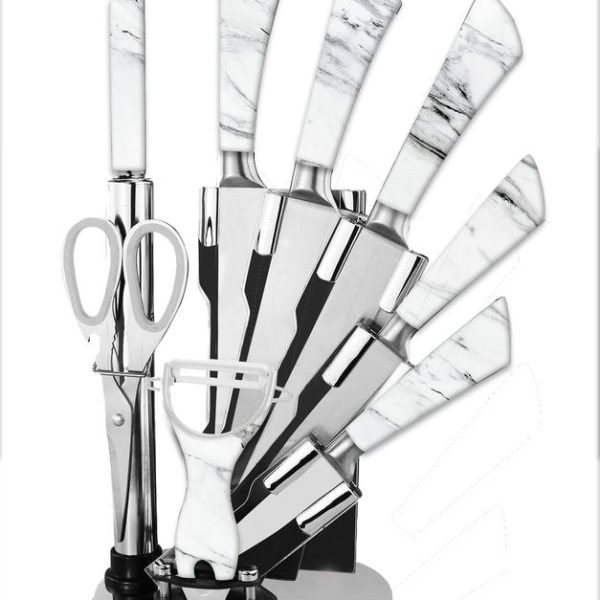 LMA - 9 Piece Stainless Steel Kitchen Knife, Scissors Set & Acrylic Stand - Marble