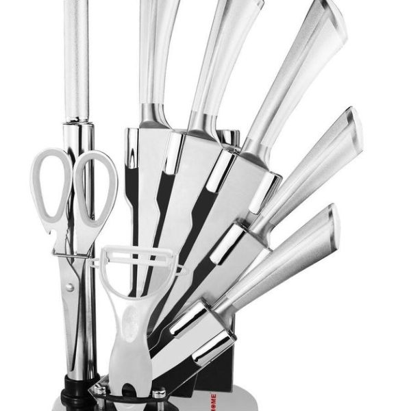 LMA - 9 Piece Stainless Steel Kitchen Knife, Scissors Set & Acrylic Stand - White