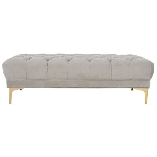 Bek Tufted Rectangular Bench in Grey Velvet - Three Quarter