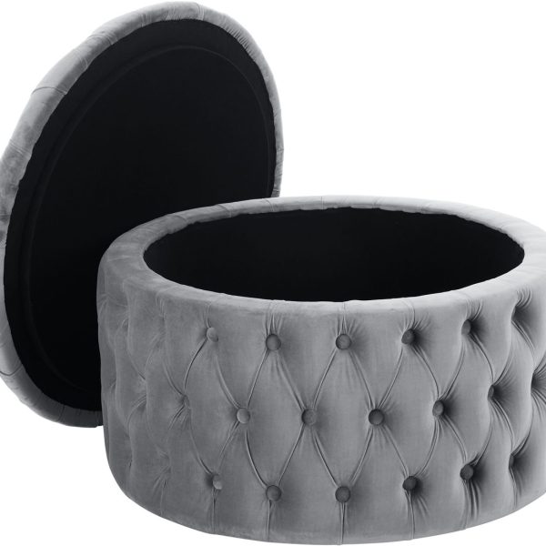 Liane Round Deep Button Ottoman w/ Storage Box - Grey - 80 cm