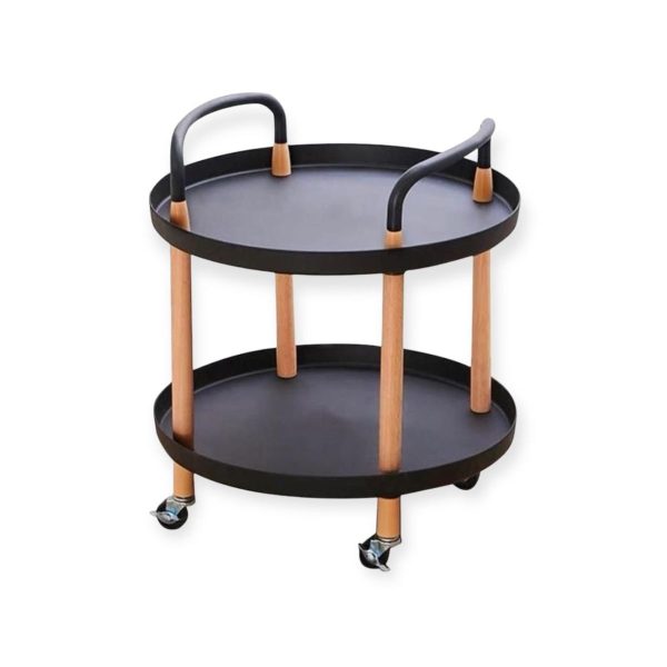Movable Round Coffee Table 2 Tier Storage Trolley Side Table Trolley - Black