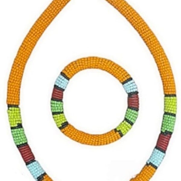 Orange Zulu Traditional Beaded Necklace And Wrist Band Set