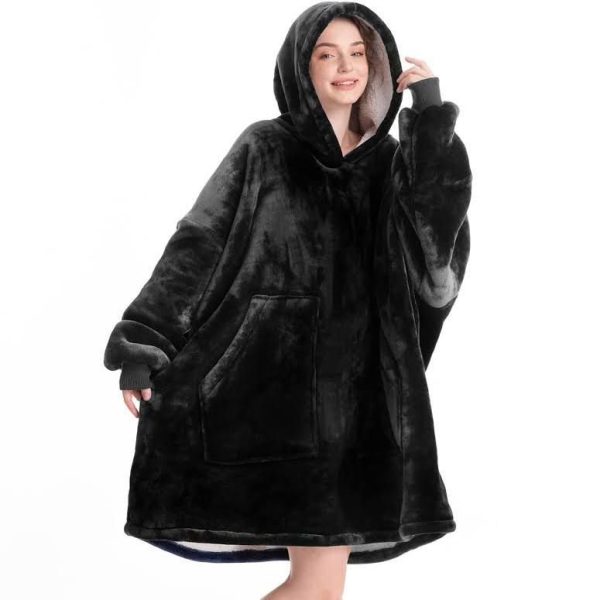 Winter Oversized Fleece Hooded  Blanket - Black