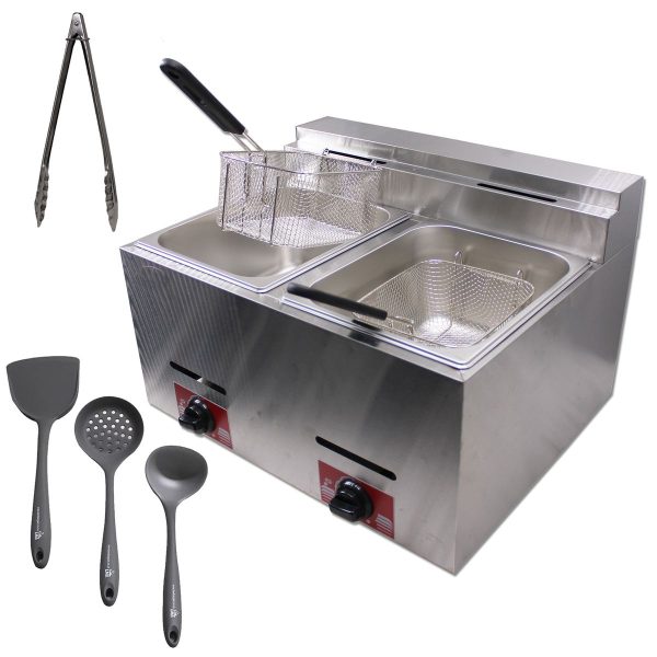 LMA 12 Liter Double Tank Gas Fryer with H Burner Caps & 4 Cooking Utensils