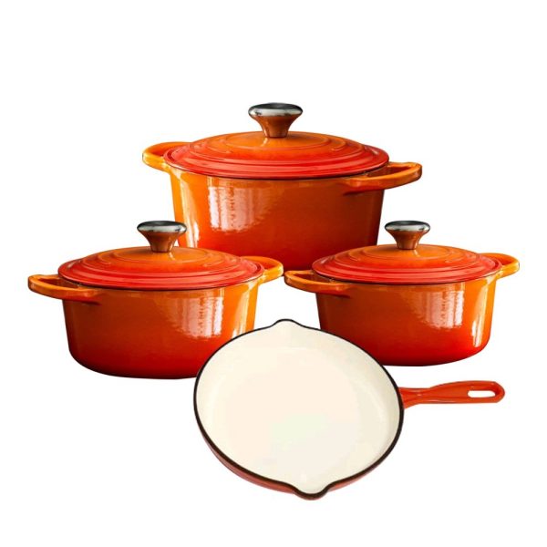 Heavy Duty Cookware - 7 Pieces Cast Iron Pot Set - Orange