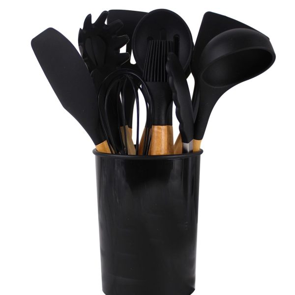 12 Pieces Non-Stick Silicon & Wooden Handle Kitchen Utensil Set - Black