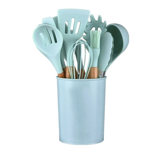 12 Pieces Non-Stick Silicon & Wooden Handle Kitchen Utensil Set - Blue