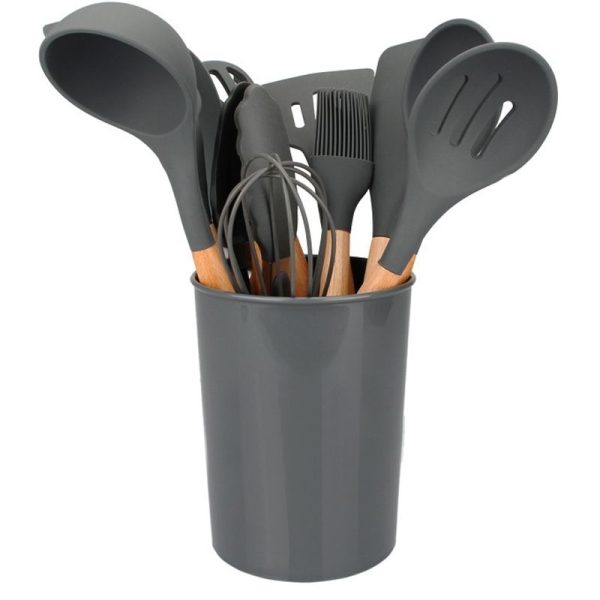 12 Pieces Non-Stick Silicon & Wooden Handle Kitchen Utensil Set - Grey