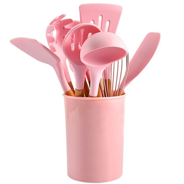 12 Pieces Non-Stick Silicon & Wooden Handle Kitchen Utensil Set - Pink