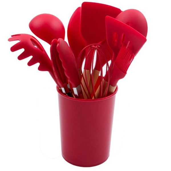 12 Pieces Non-Stick Silicon & Wooden Handle Kitchen Utensil Set - Red